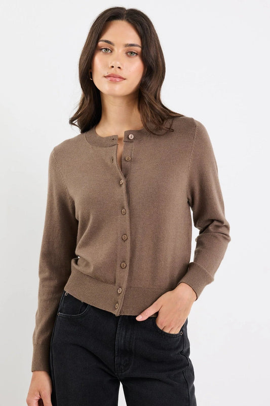 STORIES BE TOLD AUTOGRAPH MOCHA SOFT FINE GAUGE CREWNECK CARDIGAN - THE VOGUE STORE
