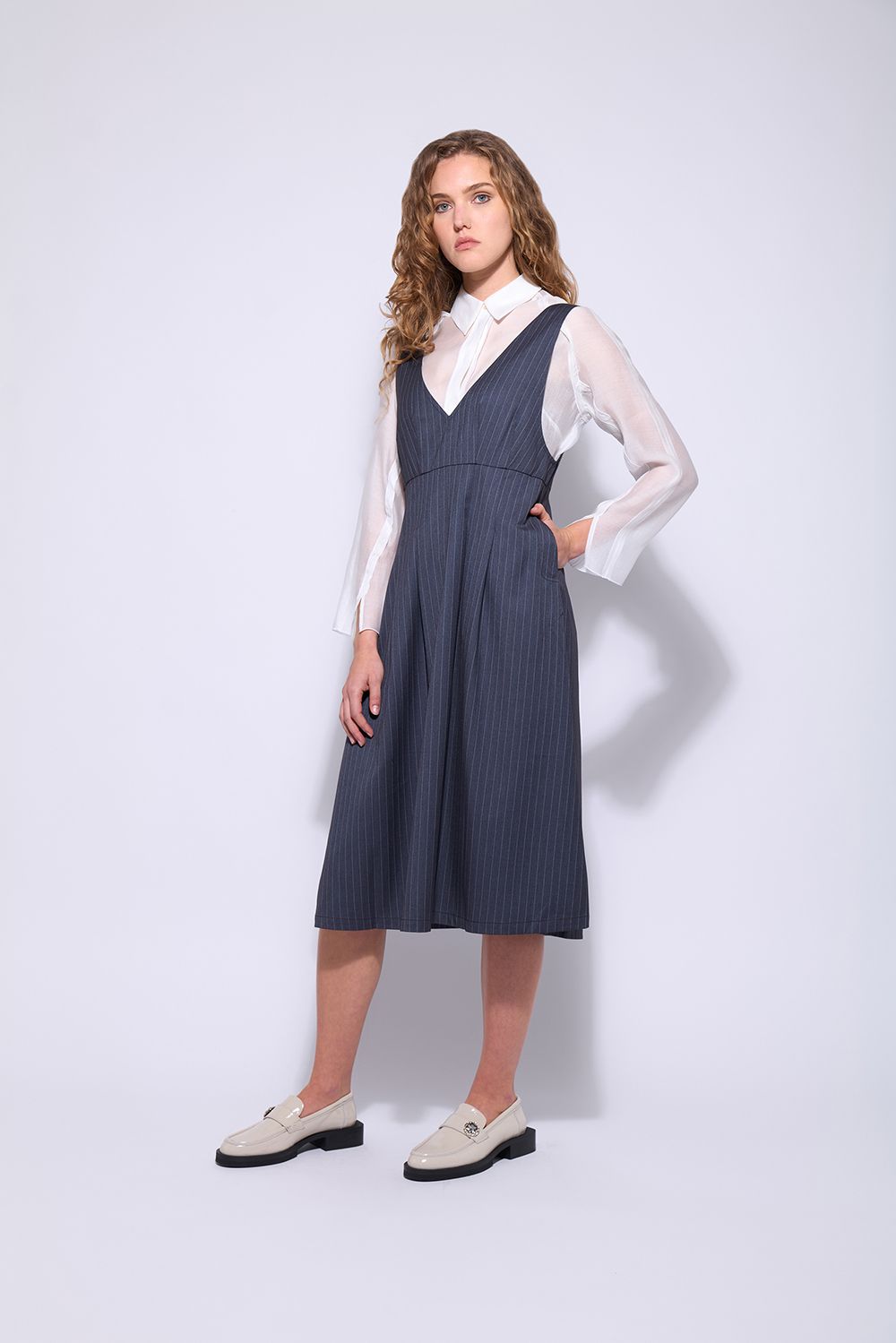 NERIS THE HEPBURN PINAFORE - STEEL STRIPE - THE VOGUE STORE