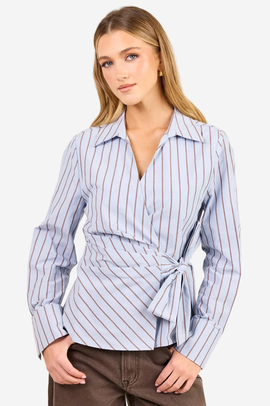 STORIES BE TOLD AXIOM BLUE CHOCOLATE STRIPE WRAP WAIST TIE SHIRT - THE VOGUE STORE