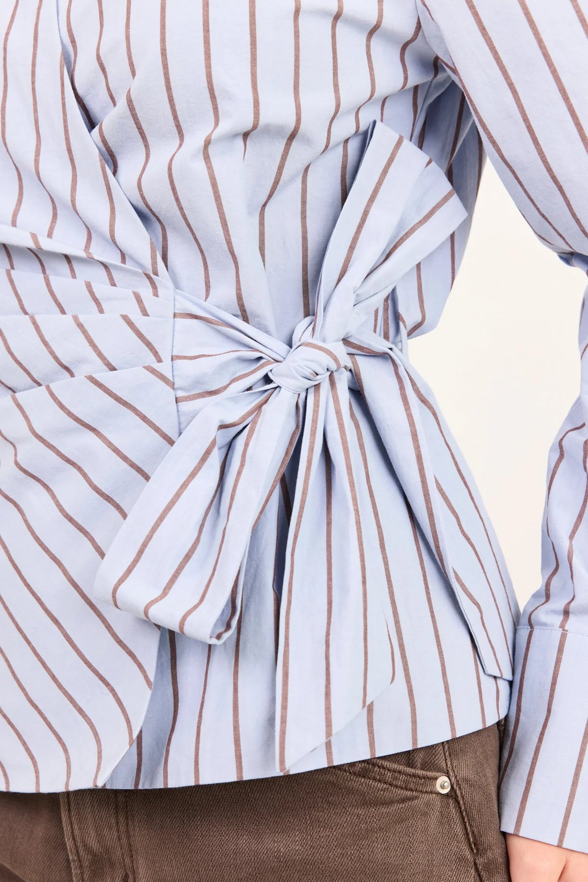 STORIES BE TOLD AXIOM BLUE CHOCOLATE STRIPE WRAP WAIST TIE SHIRT - THE VOGUE STORE