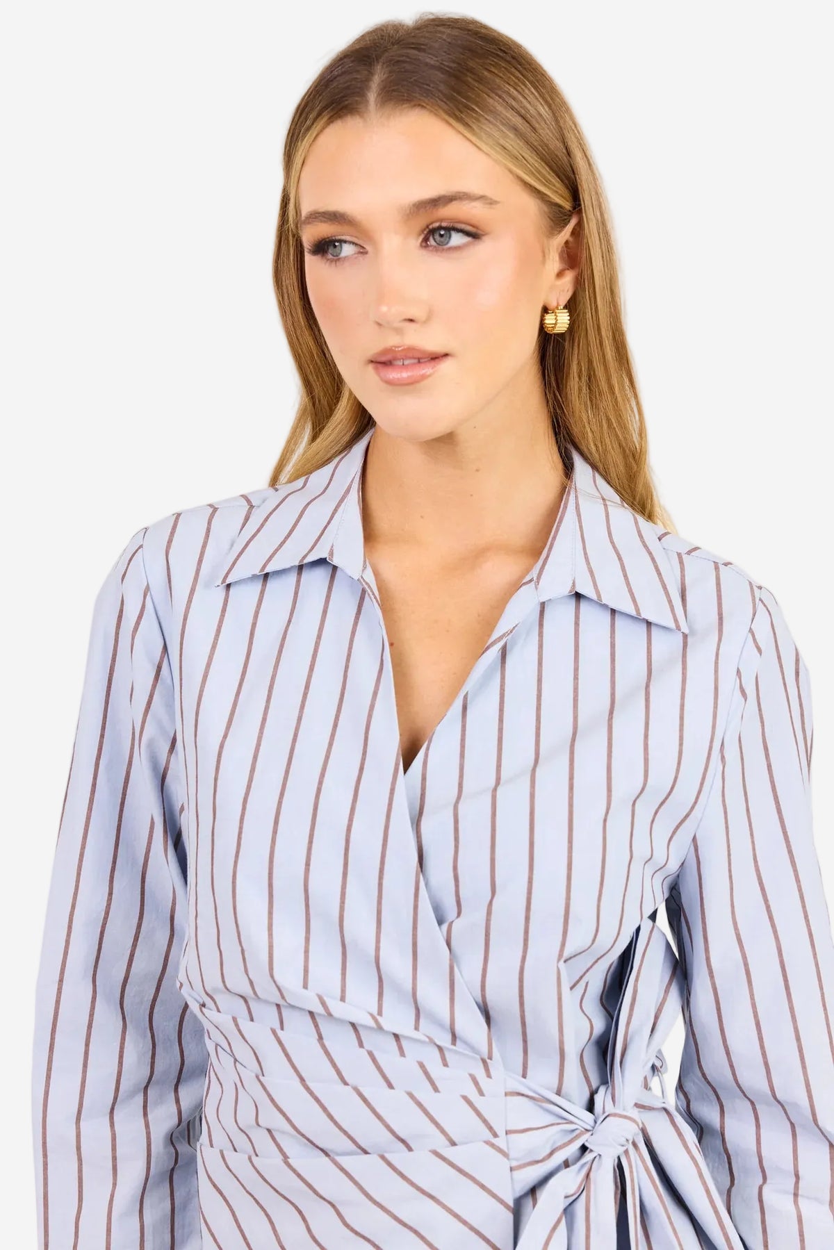 STORIES BE TOLD AXIOM BLUE CHOCOLATE STRIPE WRAP WAIST TIE SHIRT - THE VOGUE STORE