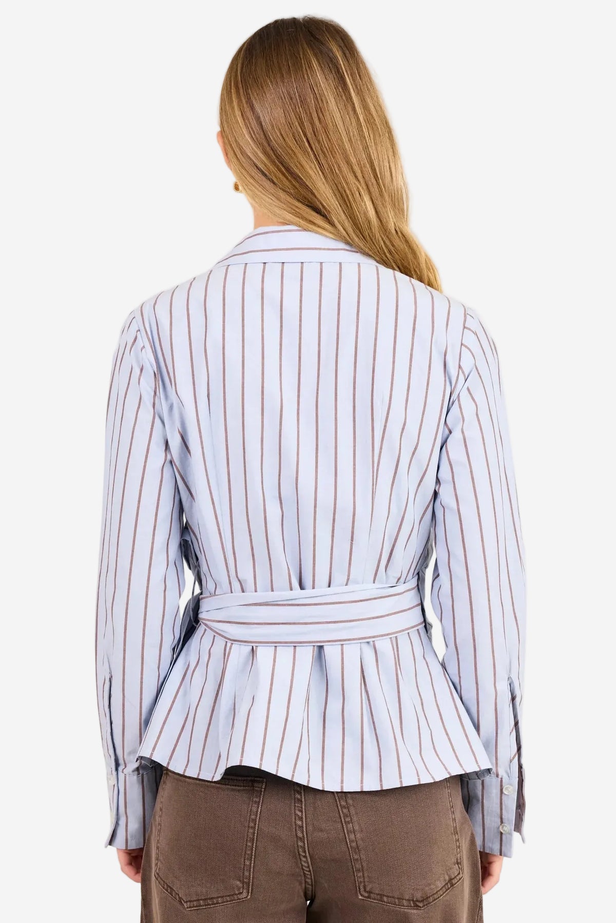 STORIES BE TOLD AXIOM BLUE CHOCOLATE STRIPE WRAP WAIST TIE SHIRT - THE VOGUE STORE