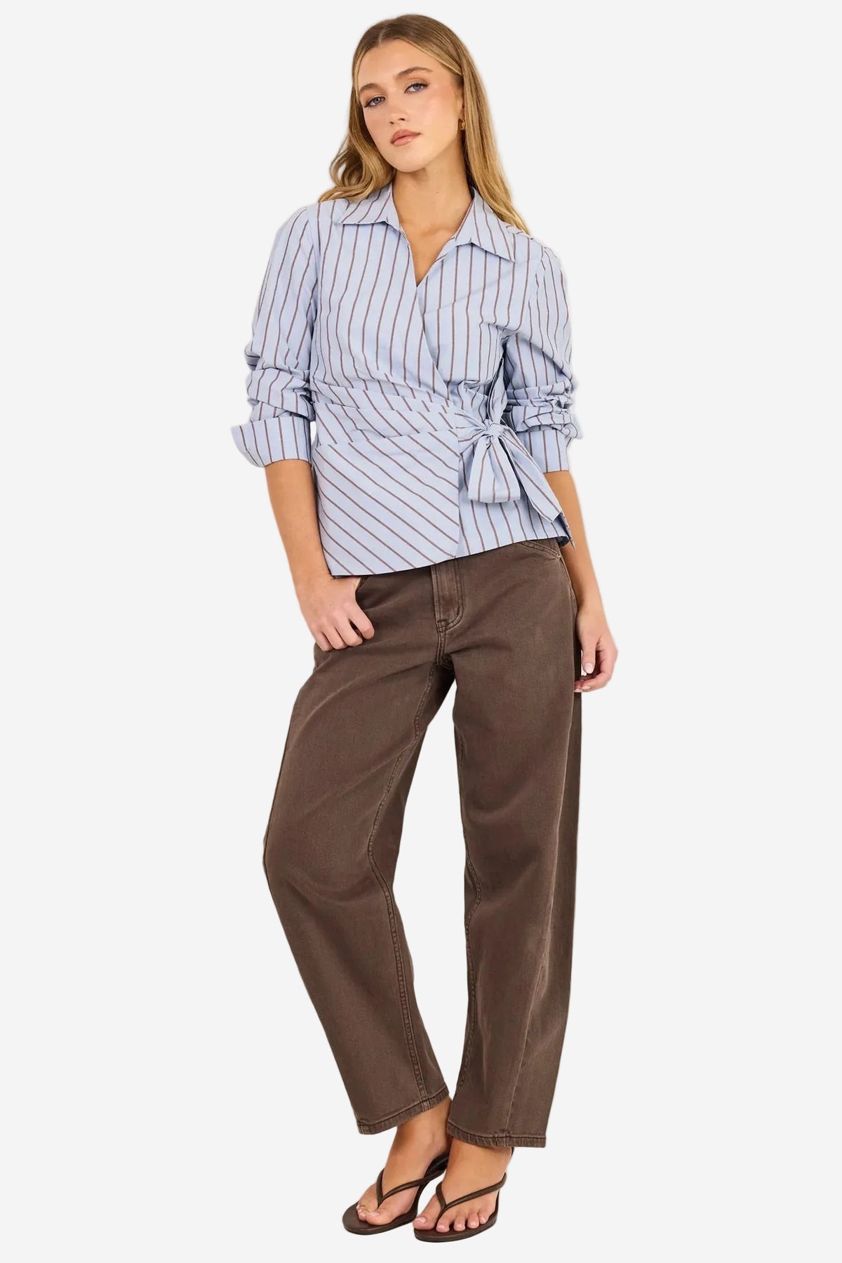 STORIES BE TOLD AXIOM BLUE CHOCOLATE STRIPE WRAP WAIST TIE SHIRT - THE VOGUE STORE