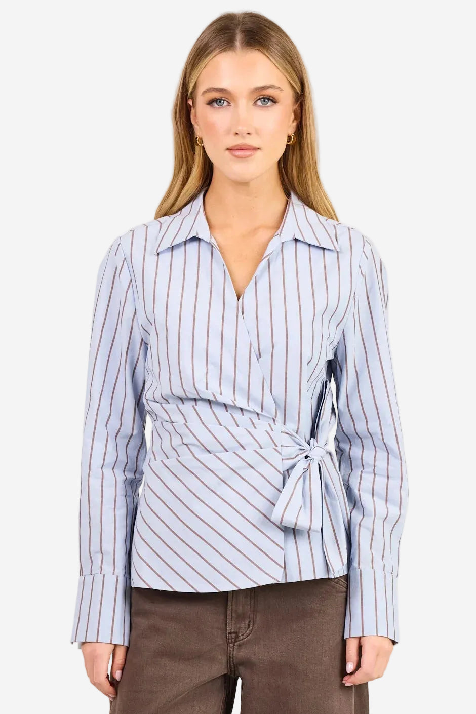 STORIES BE TOLD AXIOM BLUE CHOCOLATE STRIPE WRAP WAIST TIE SHIRT - THE VOGUE STORE
