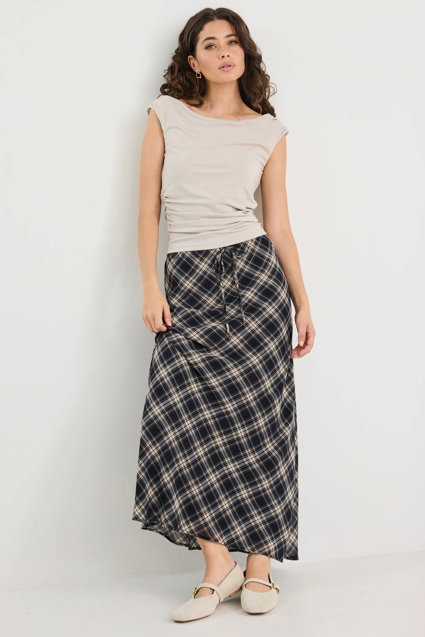 AMONG THE BRAVE RALLY BLACK CHECK CHIFFON TIE WAIST BIAS MAXI SKIRT - THE VOGUE STORE