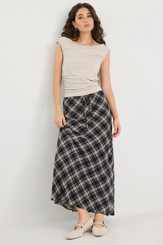 AMONG THE BRAVE RALLY BLACK CHECK CHIFFON TIE WAIST BIAS MAXI SKIRT - THE VOGUE STORE