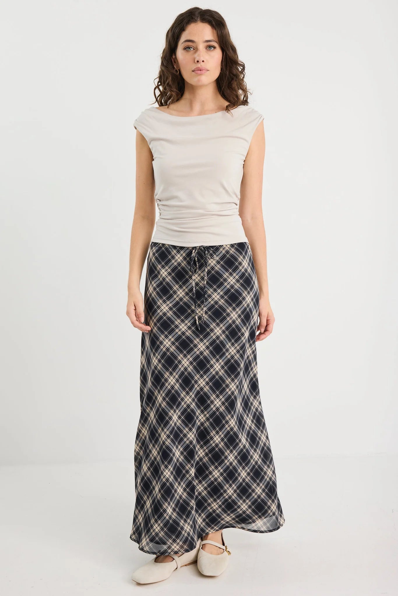 AMONG THE BRAVE RALLY BLACK CHECK CHIFFON TIE WAIST BIAS MAXI SKIRT - THE VOGUE STORE