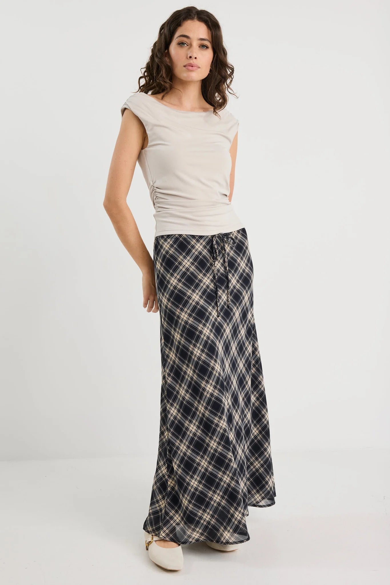 AMONG THE BRAVE RALLY BLACK CHECK CHIFFON TIE WAIST BIAS MAXI SKIRT - THE VOGUE STORE
