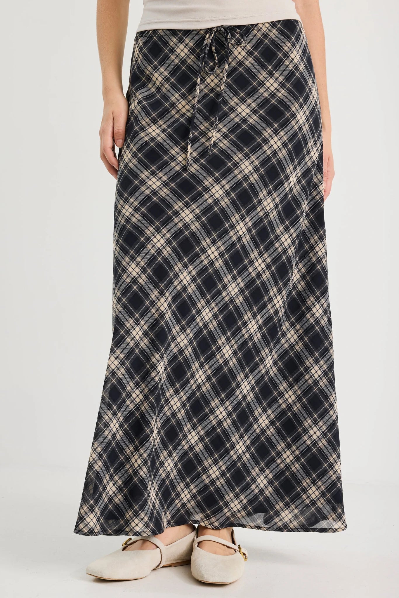 AMONG THE BRAVE RALLY BLACK CHECK CHIFFON TIE WAIST BIAS MAXI SKIRT - THE VOGUE STORE