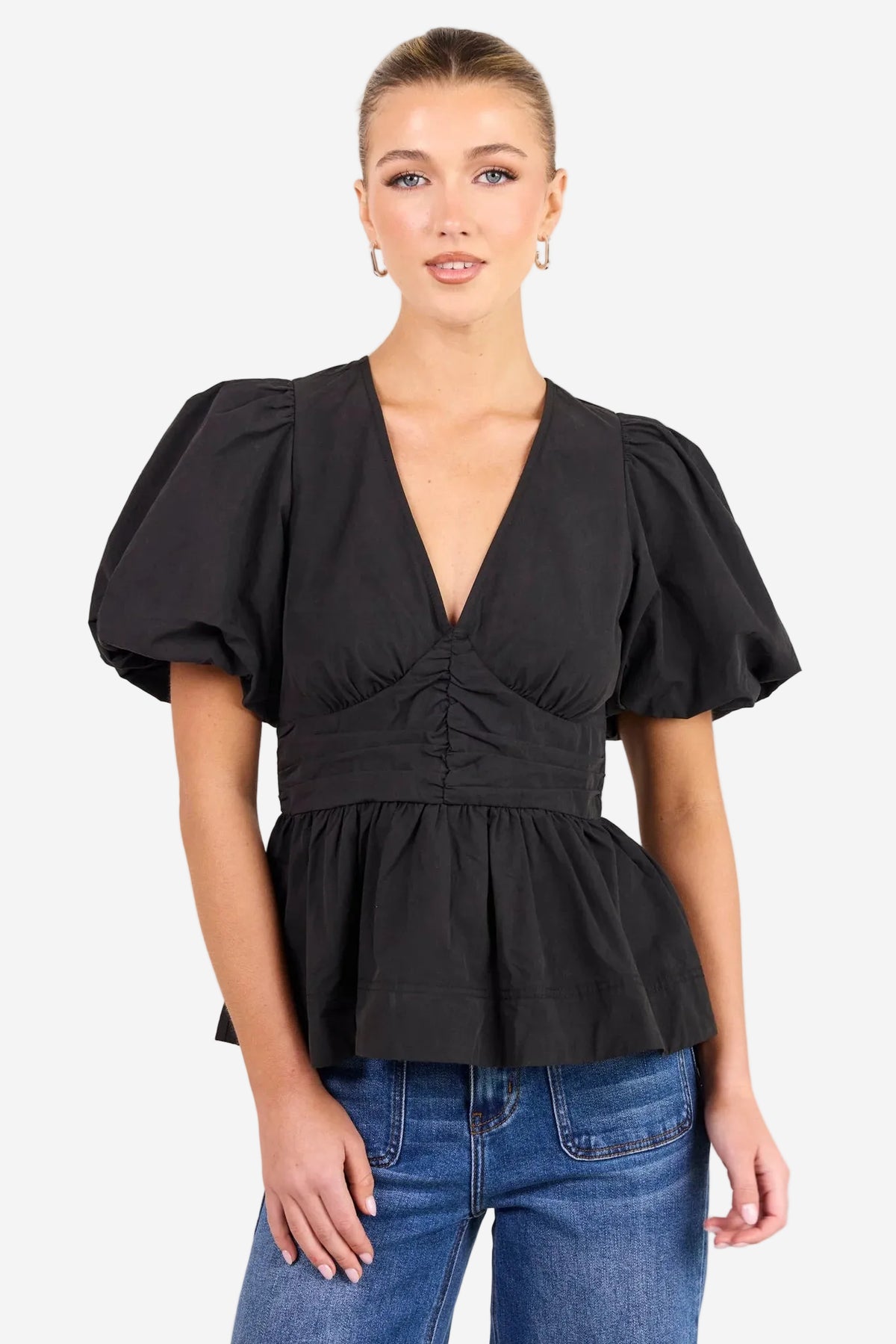 AMONG THE BRAVE BELOVED BLACK POPLIN PUFF SS TOP - THE VOGUE STORE