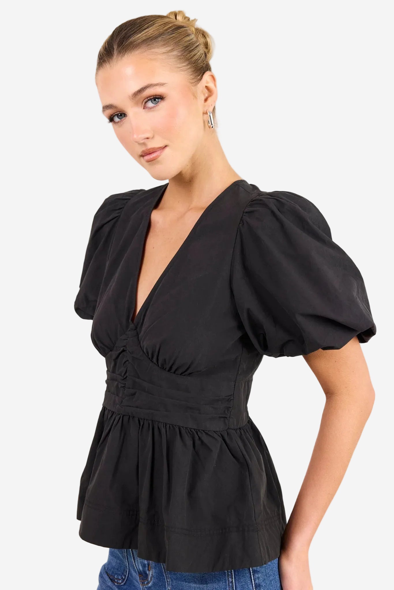 AMONG THE BRAVE BELOVED BLACK POPLIN PUFF SS TOP - THE VOGUE STORE