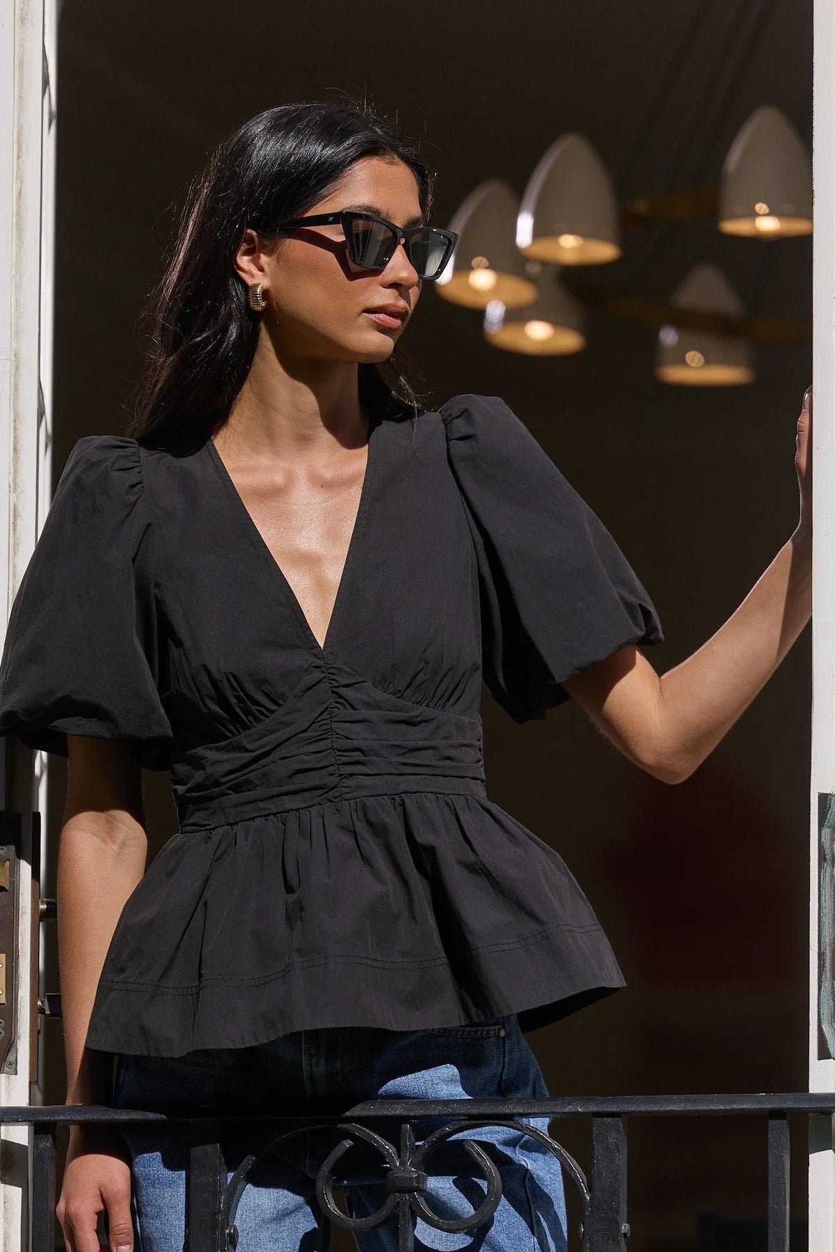 AMONG THE BRAVE BELOVED BLACK POPLIN PUFF SS TOP - THE VOGUE STORE