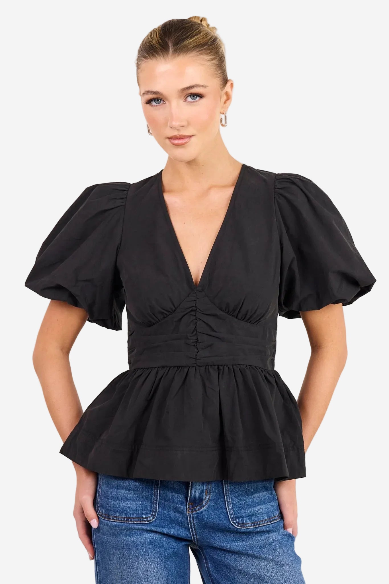 AMONG THE BRAVE BELOVED BLACK POPLIN PUFF SS TOP - THE VOGUE STORE