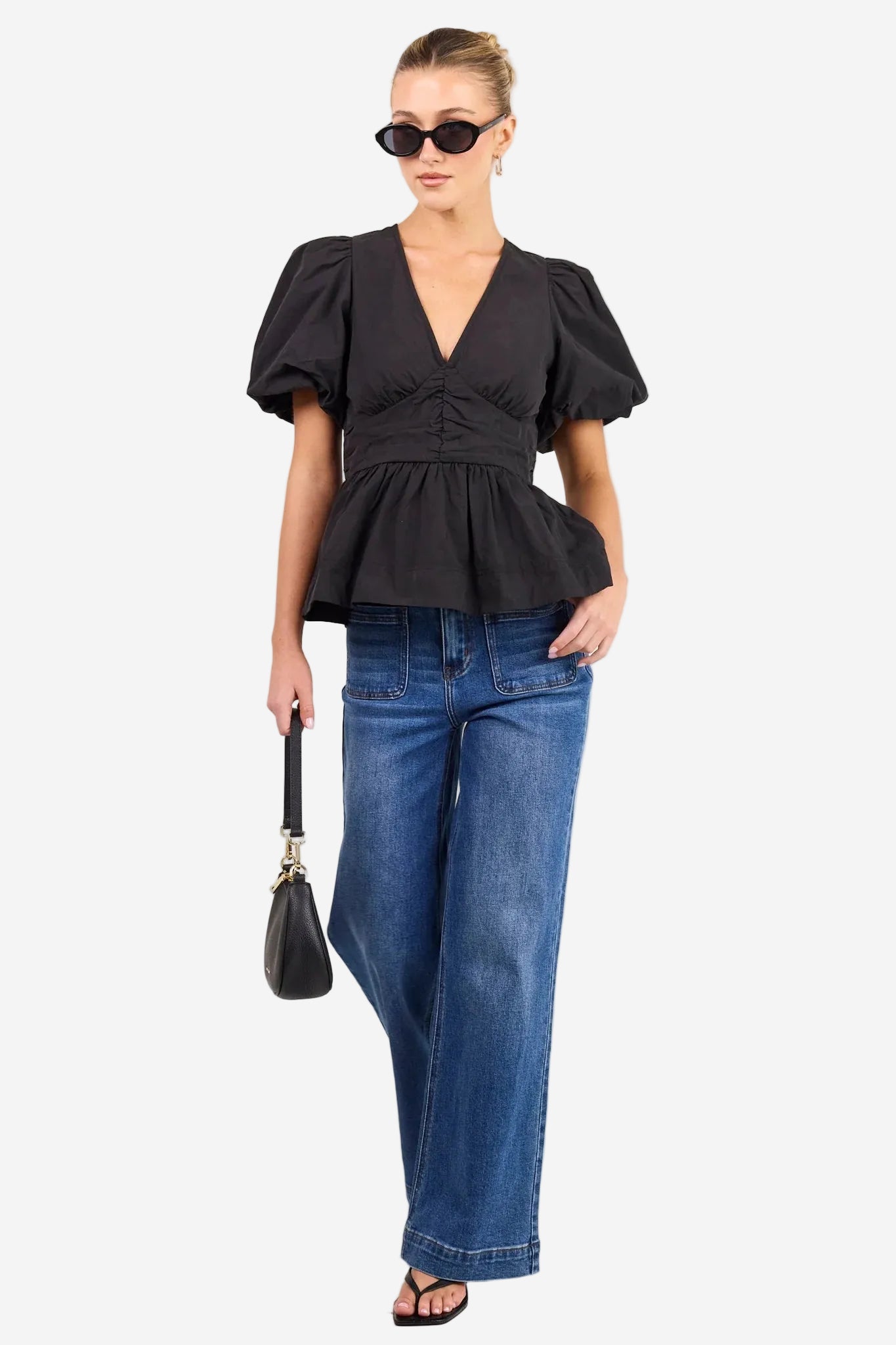 AMONG THE BRAVE BELOVED BLACK POPLIN PUFF SS TOP - THE VOGUE STORE