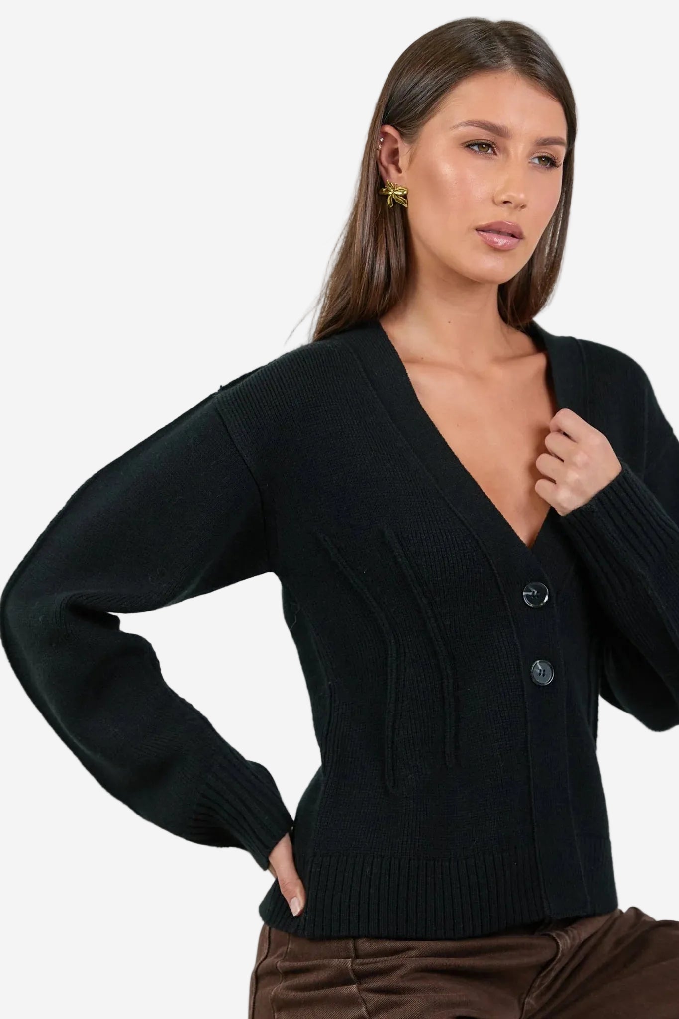 AMONG THE BRAVE BESPOKE BLACK V NECK CINCHED CARDIGAN - THE VOGUE STORE