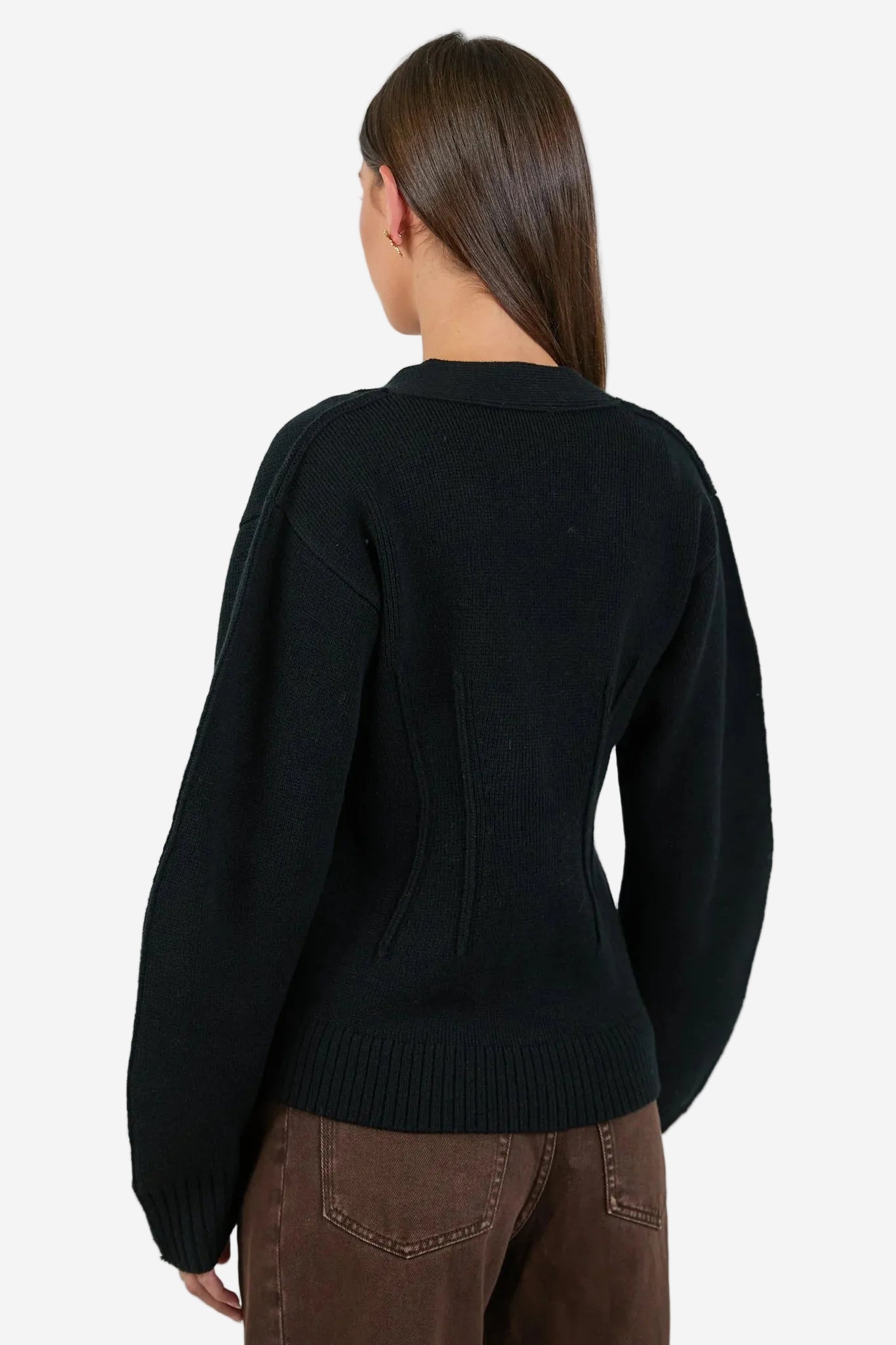 AMONG THE BRAVE BESPOKE BLACK V NECK CINCHED CARDIGAN - THE VOGUE STORE