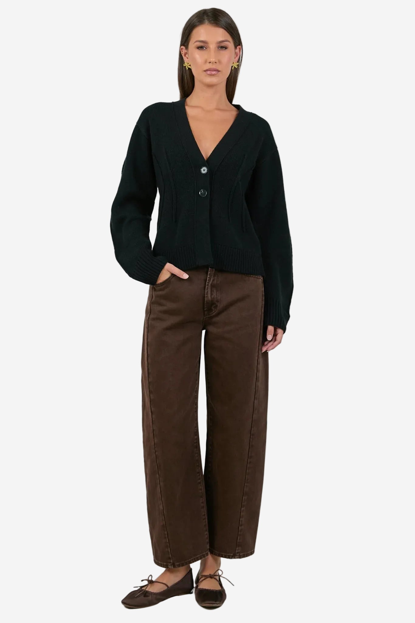 AMONG THE BRAVE BESPOKE BLACK V NECK CINCHED CARDIGAN - THE VOGUE STORE
