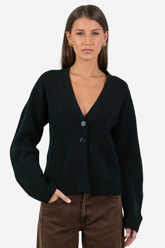 AMONG THE BRAVE BESPOKE BLACK V NECK CINCHED CARDIGAN - THE VOGUE STORE