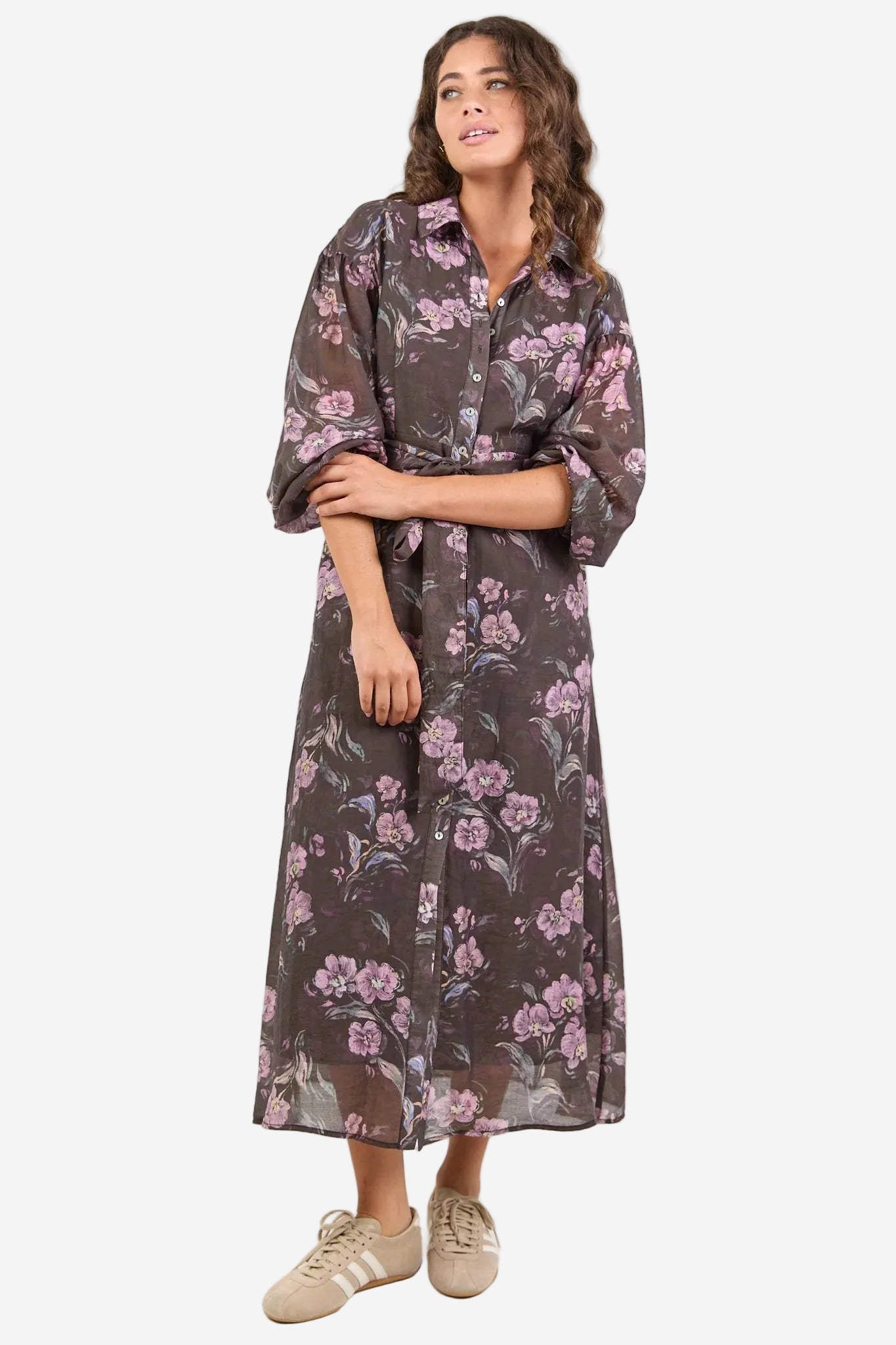 BY ROSA BOUNTY CHOCOLATE FLORAL BALLOON SLEEVE MIDI SHIRT DRESS - THE VOGUE STORE
