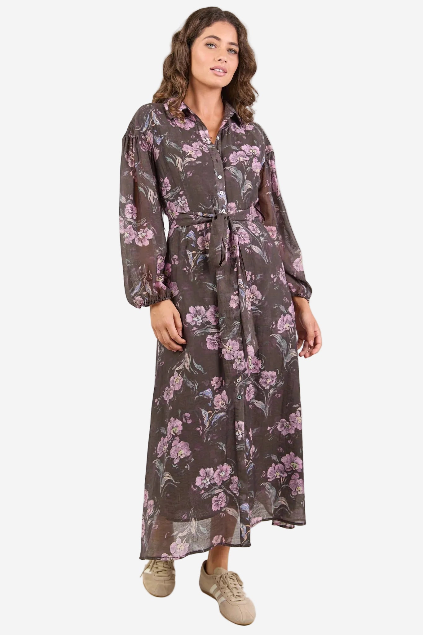 BY ROSA BOUNTY CHOCOLATE FLORAL BALLOON SLEEVE MIDI SHIRT DRESS - THE VOGUE STORE