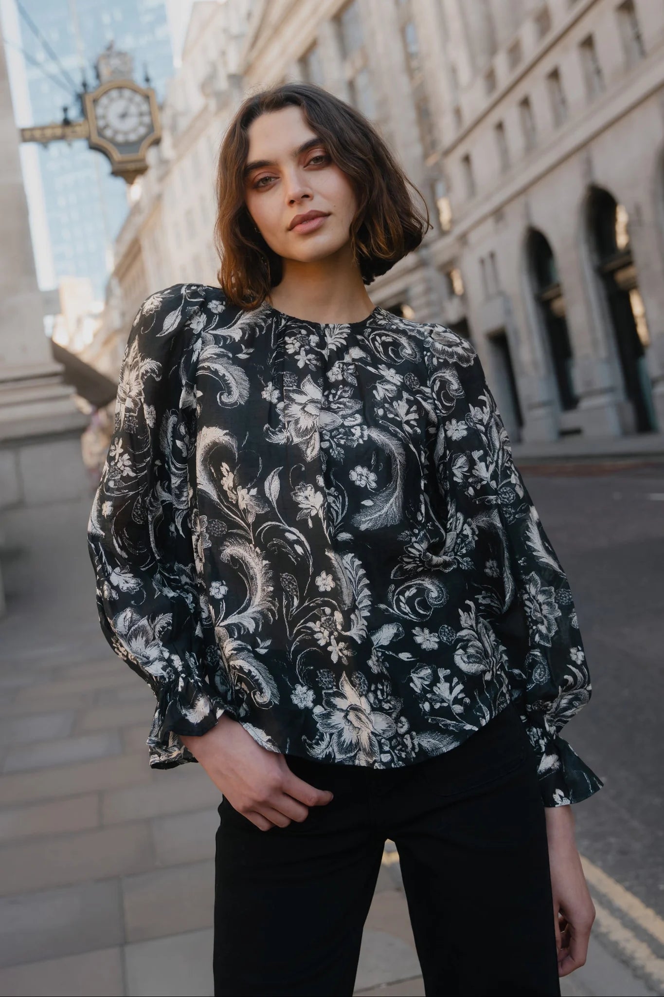IVY + JACK BRIEFLY BLACK SCROLLING FOLIAGE FRILL SLEEVE CREW NECK TOP - THE VOGUE STORE