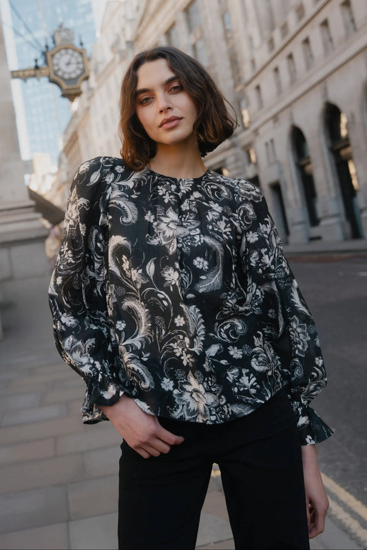 IVY + JACK BRIEFLY BLACK SCROLLING FOLIAGE FRILL SLEEVE CREW NECK TOP - THE VOGUE STORE