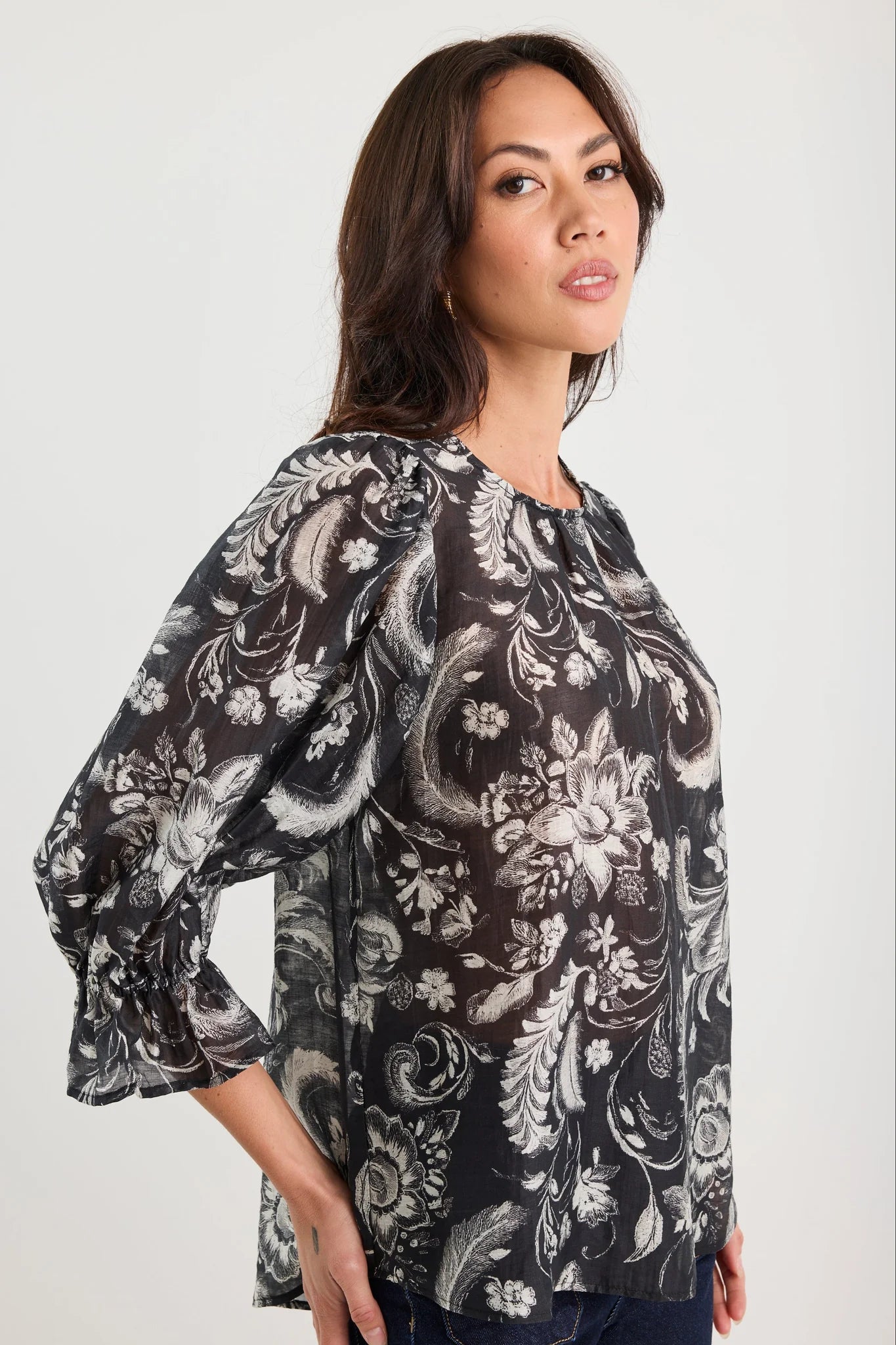 IVY + JACK BRIEFLY BLACK SCROLLING FOLIAGE FRILL SLEEVE CREW NECK TOP - THE VOGUE STORE
