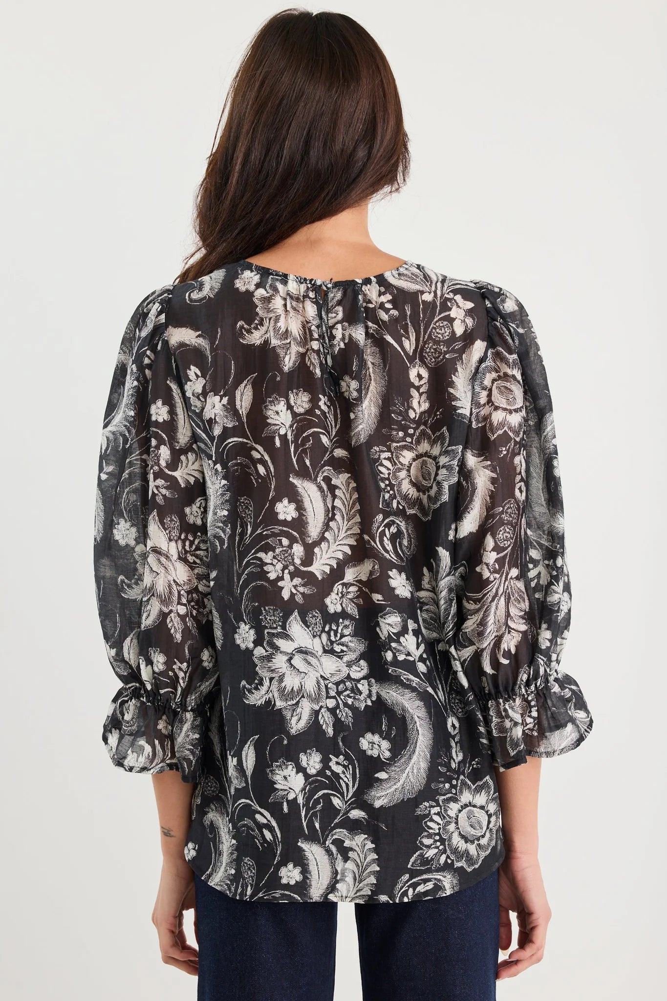 IVY + JACK BRIEFLY BLACK SCROLLING FOLIAGE FRILL SLEEVE CREW NECK TOP - THE VOGUE STORE