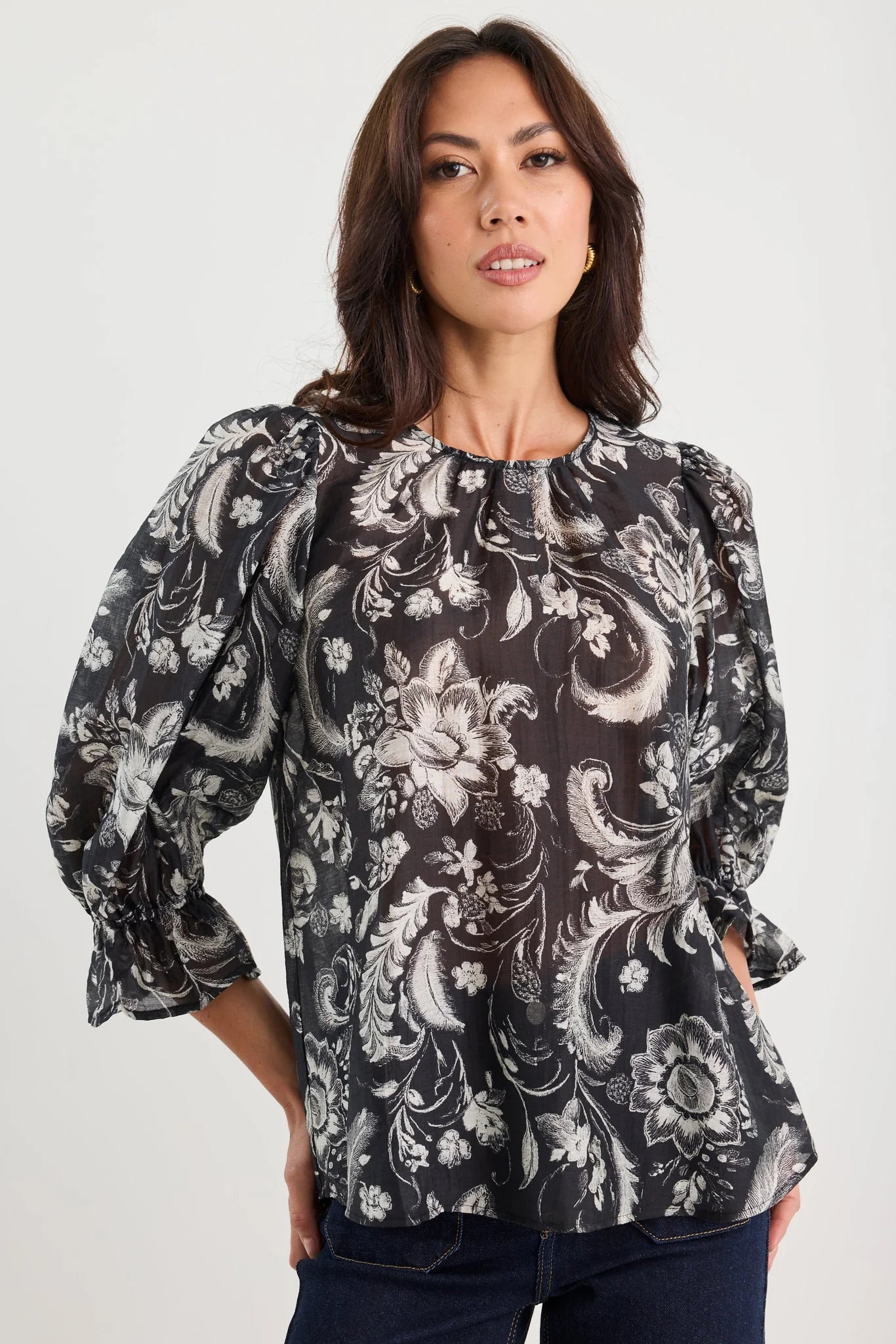 IVY + JACK BRIEFLY BLACK SCROLLING FOLIAGE FRILL SLEEVE CREW NECK TOP - THE VOGUE STORE