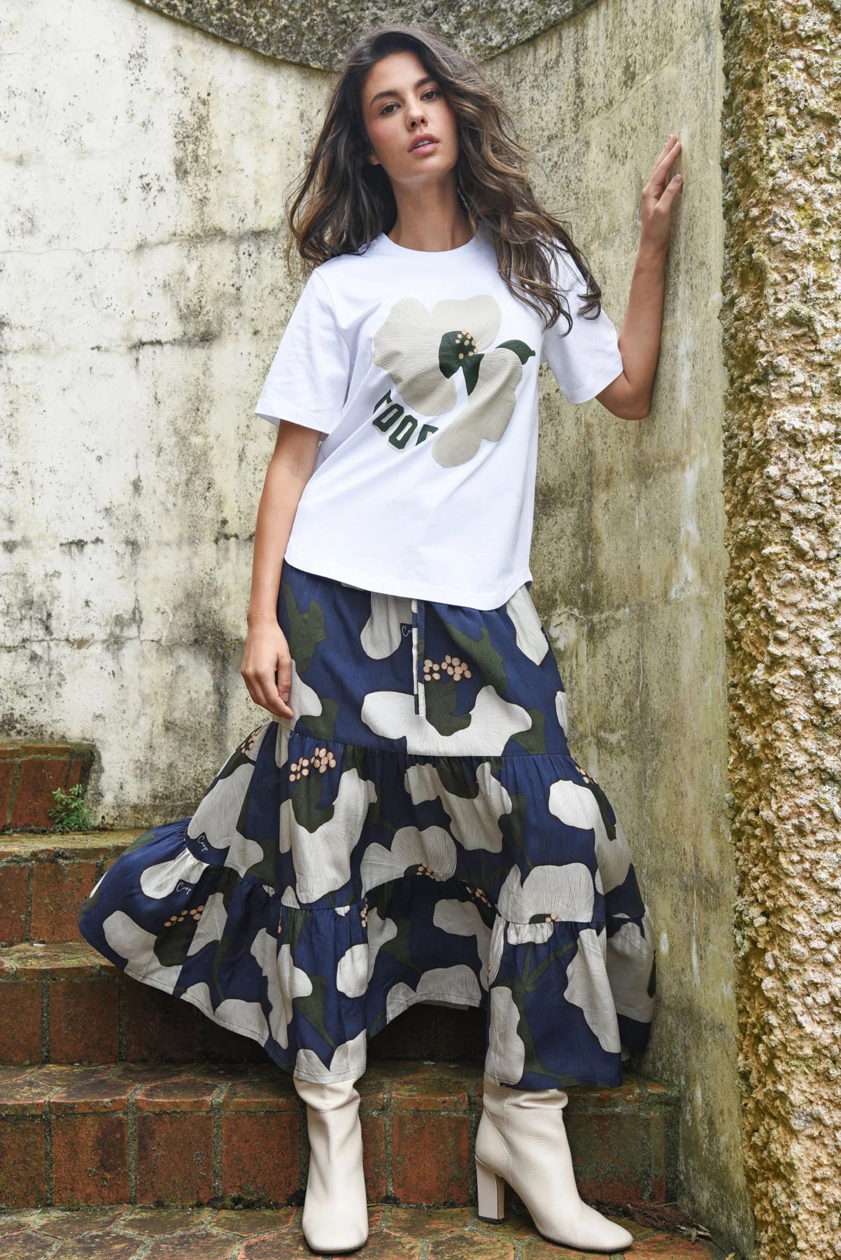 COOP TIER FACTOR SKIRT - NAVY FLORAL - THE VOGUE STORE