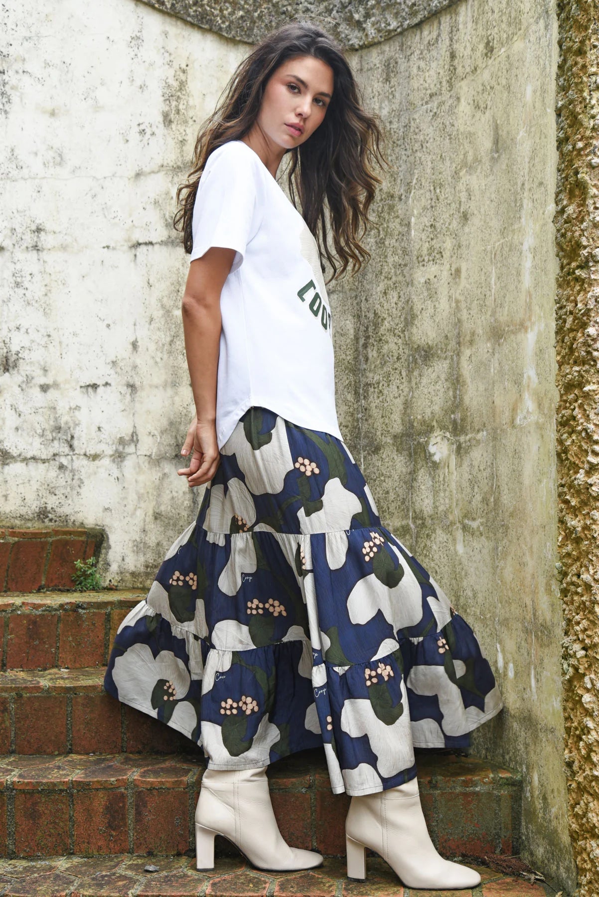 COOP TIER FACTOR SKIRT - NAVY FLORAL - THE VOGUE STORE