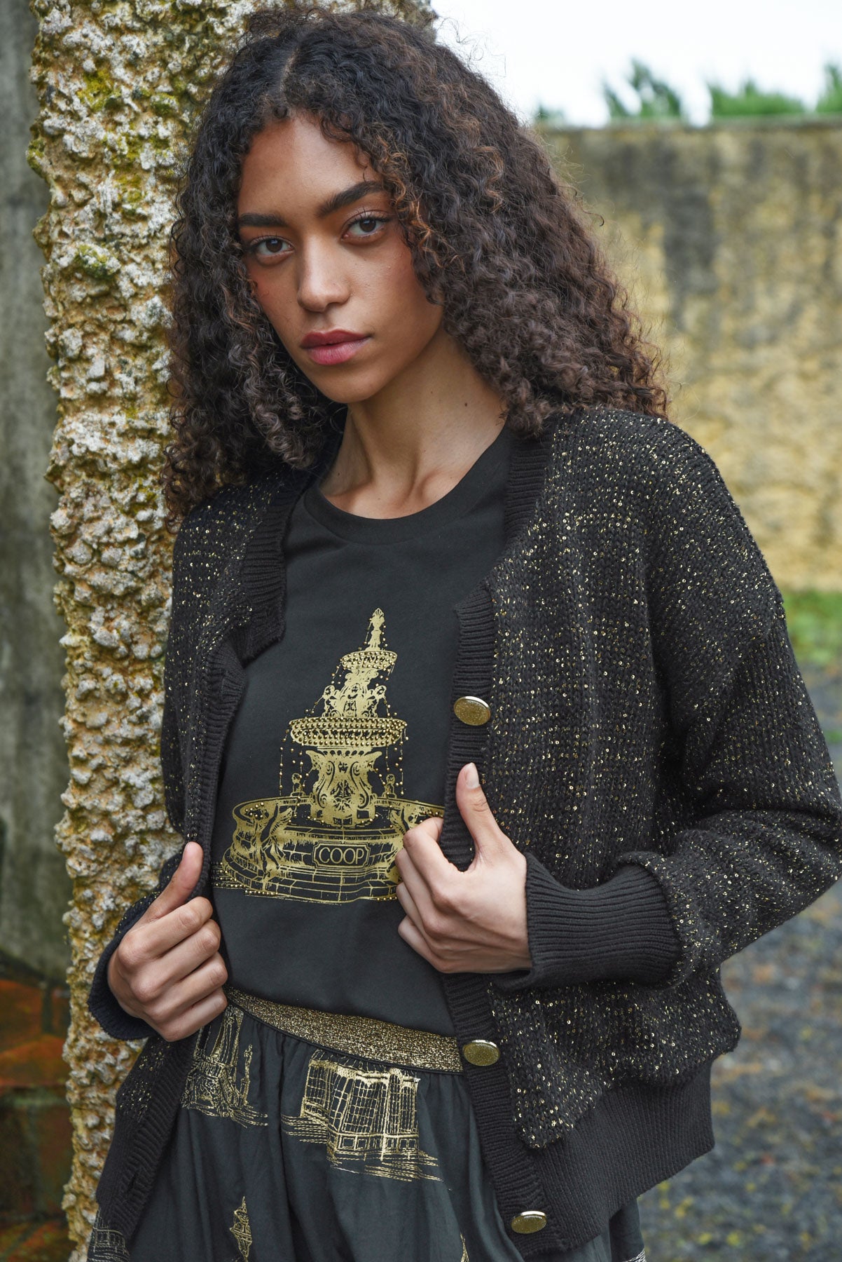COOP SHINE OF THE TIMES CARDIGAN - BLACK & GOLD - THE VOGUE STORE