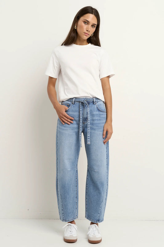 STORIES BE TOLD CAMPUS LIGHT BLUE TIE WAIST BARREL JEANS - THE VOGUE STORE