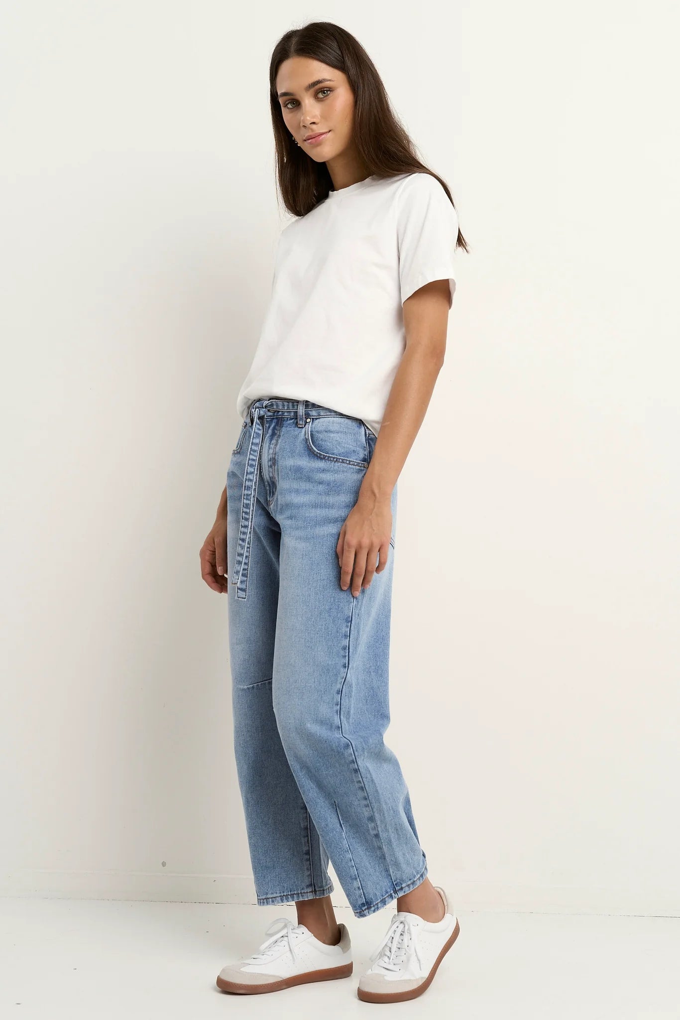 STORIES BE TOLD CAMPUS LIGHT BLUE TIE WAIST BARREL JEANS - THE VOGUE STORE