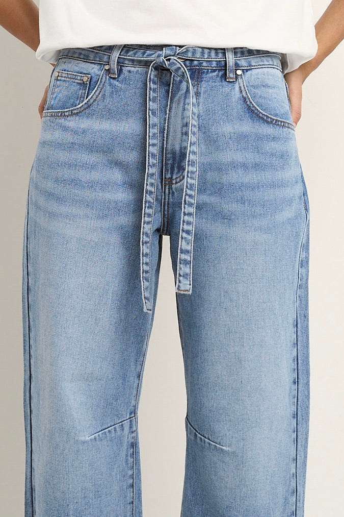STORIES BE TOLD CAMPUS LIGHT BLUE TIE WAIST BARREL JEANS - THE VOGUE STORE