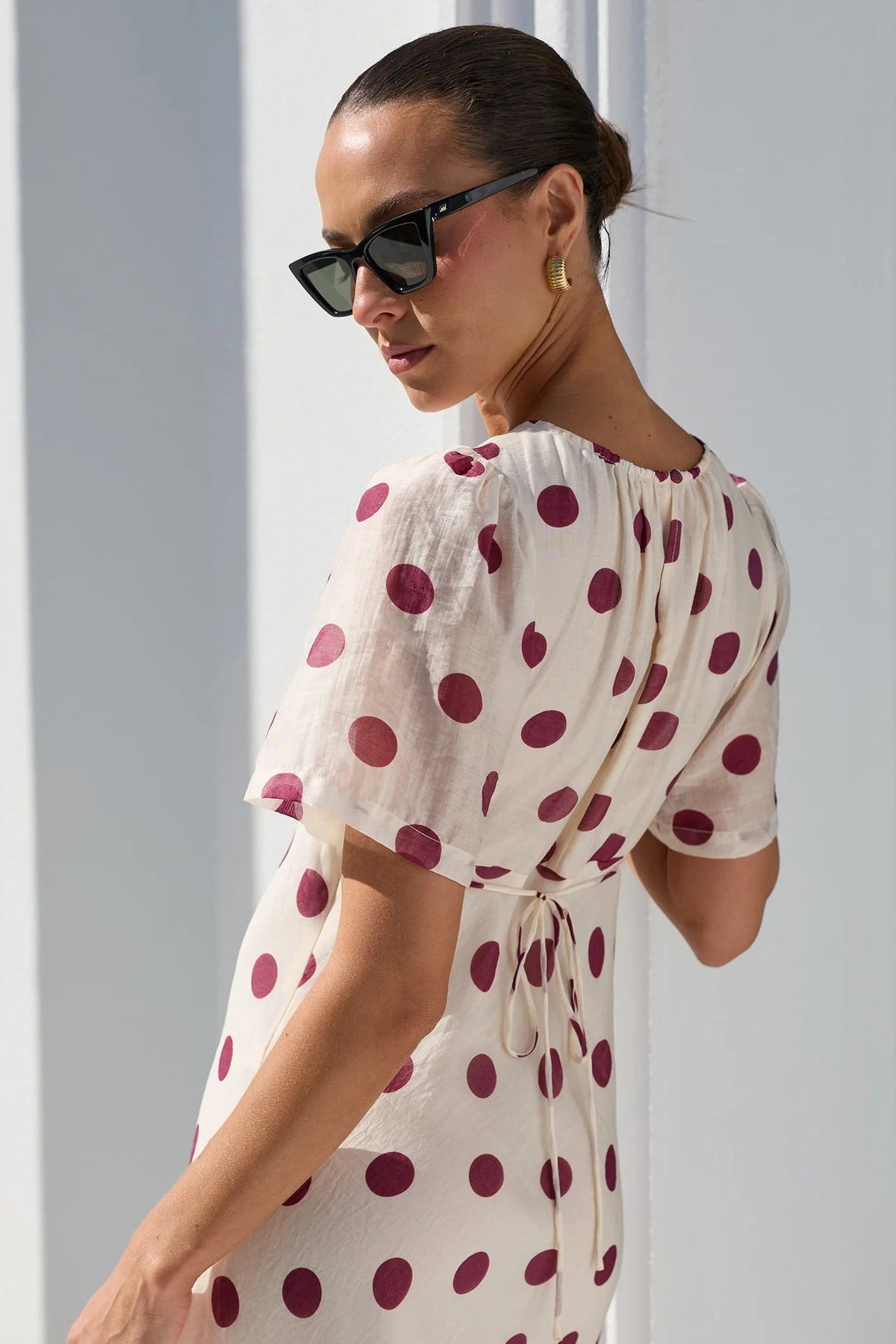 STORIES BE TOLD CENTRESTAGE CREAM WINE POLKA DOT TWIST FRONT SS MAXI DRESS - THE VOGUE STORE