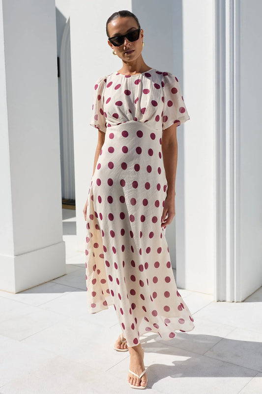 STORIES BE TOLD CENTRESTAGE CREAM WINE POLKA DOT TWIST FRONT SS MAXI DRESS - THE VOGUE STORE