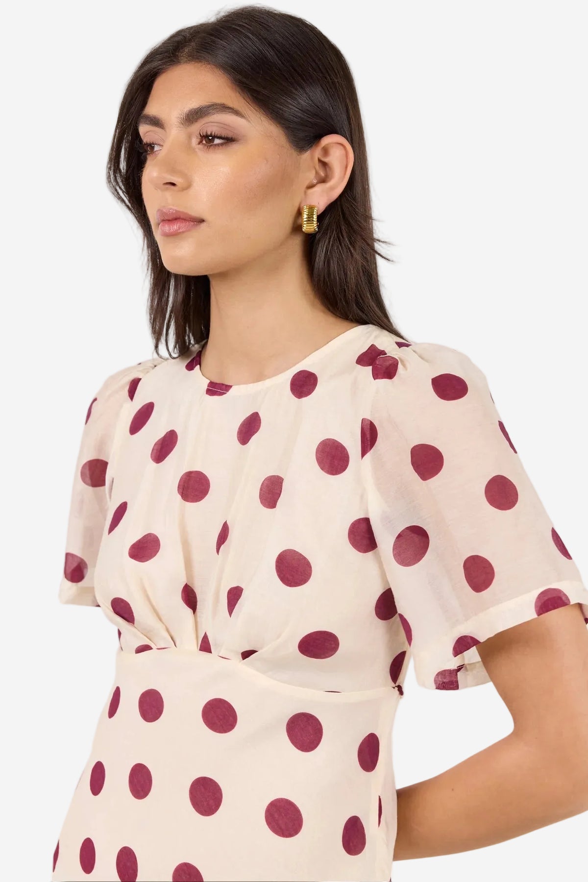 STORIES BE TOLD CENTRESTAGE CREAM WINE POLKA DOT TWIST FRONT SS MAXI DRESS - THE VOGUE STORE