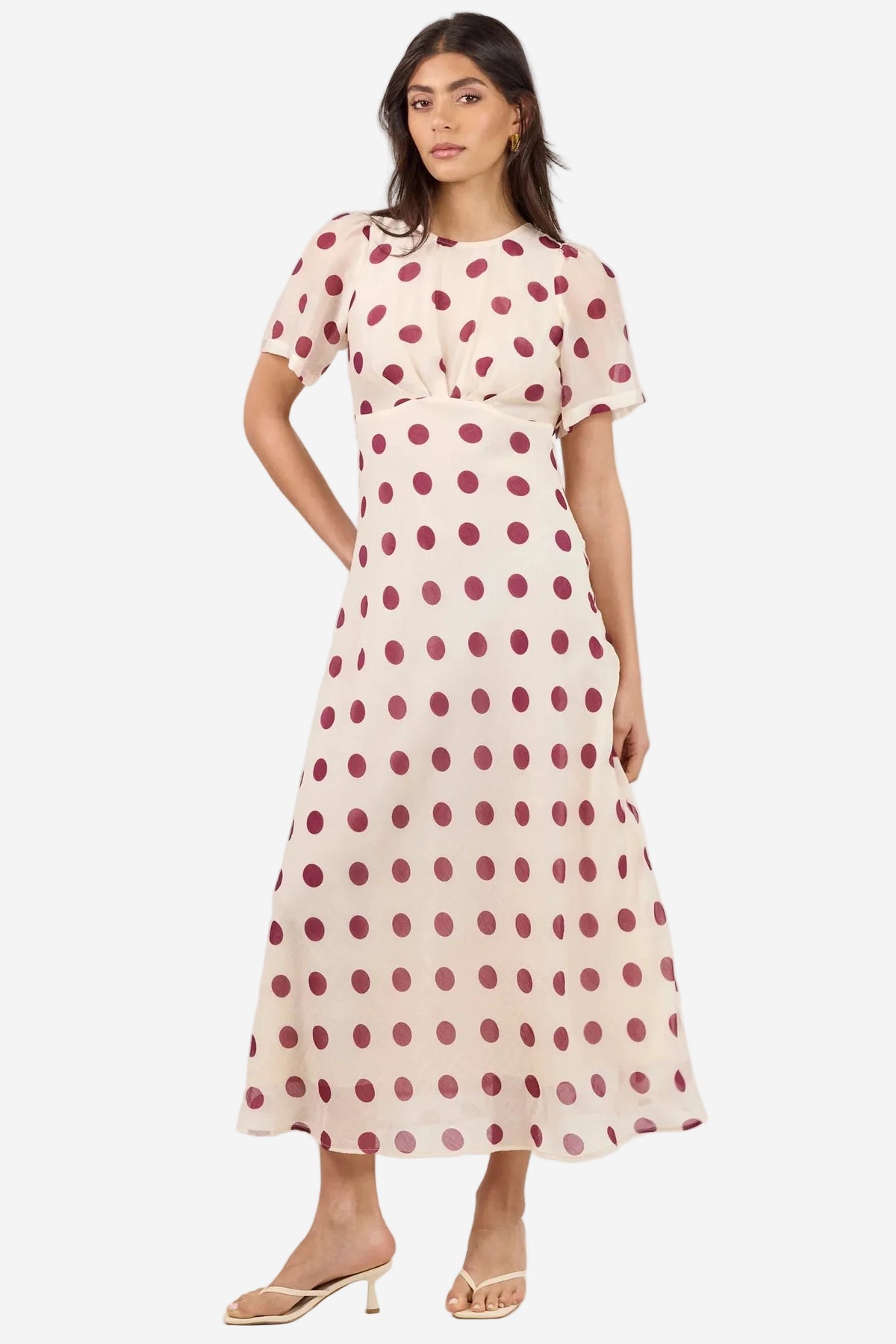 STORIES BE TOLD CENTRESTAGE CREAM WINE POLKA DOT TWIST FRONT SS MAXI DRESS - THE VOGUE STORE