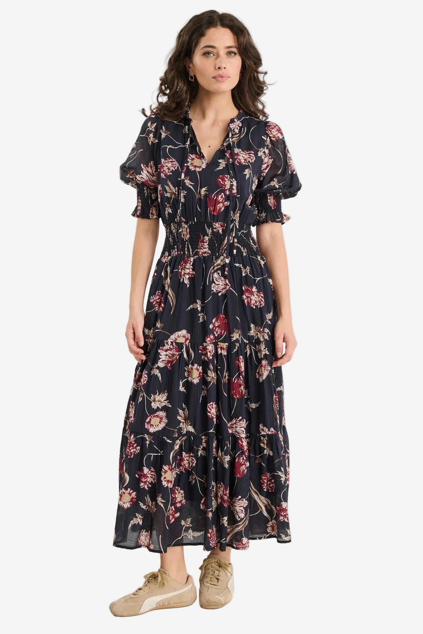 IVY + JACK CHARMANT BLACK WILDFLOWERS SS V NECK TIERED MIDI DRESS - THE VOGUE STORE