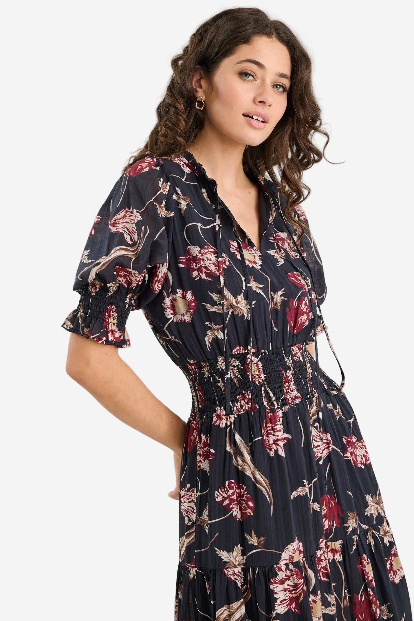 IVY + JACK CHARMANT BLACK WILDFLOWERS SS V NECK TIERED MIDI DRESS - THE VOGUE STORE
