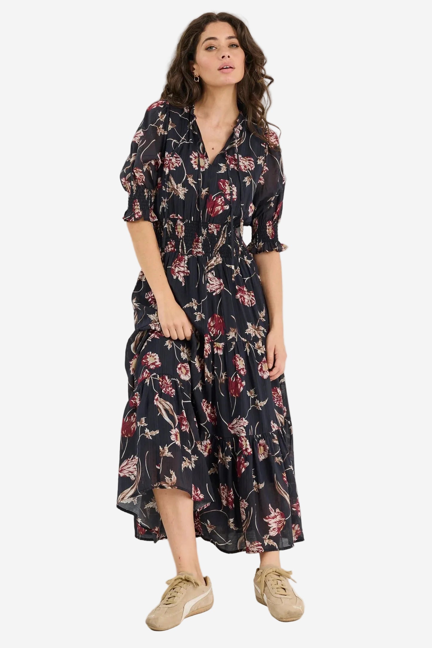 IVY + JACK CHARMANT BLACK WILDFLOWERS SS V NECK TIERED MIDI DRESS - THE VOGUE STORE