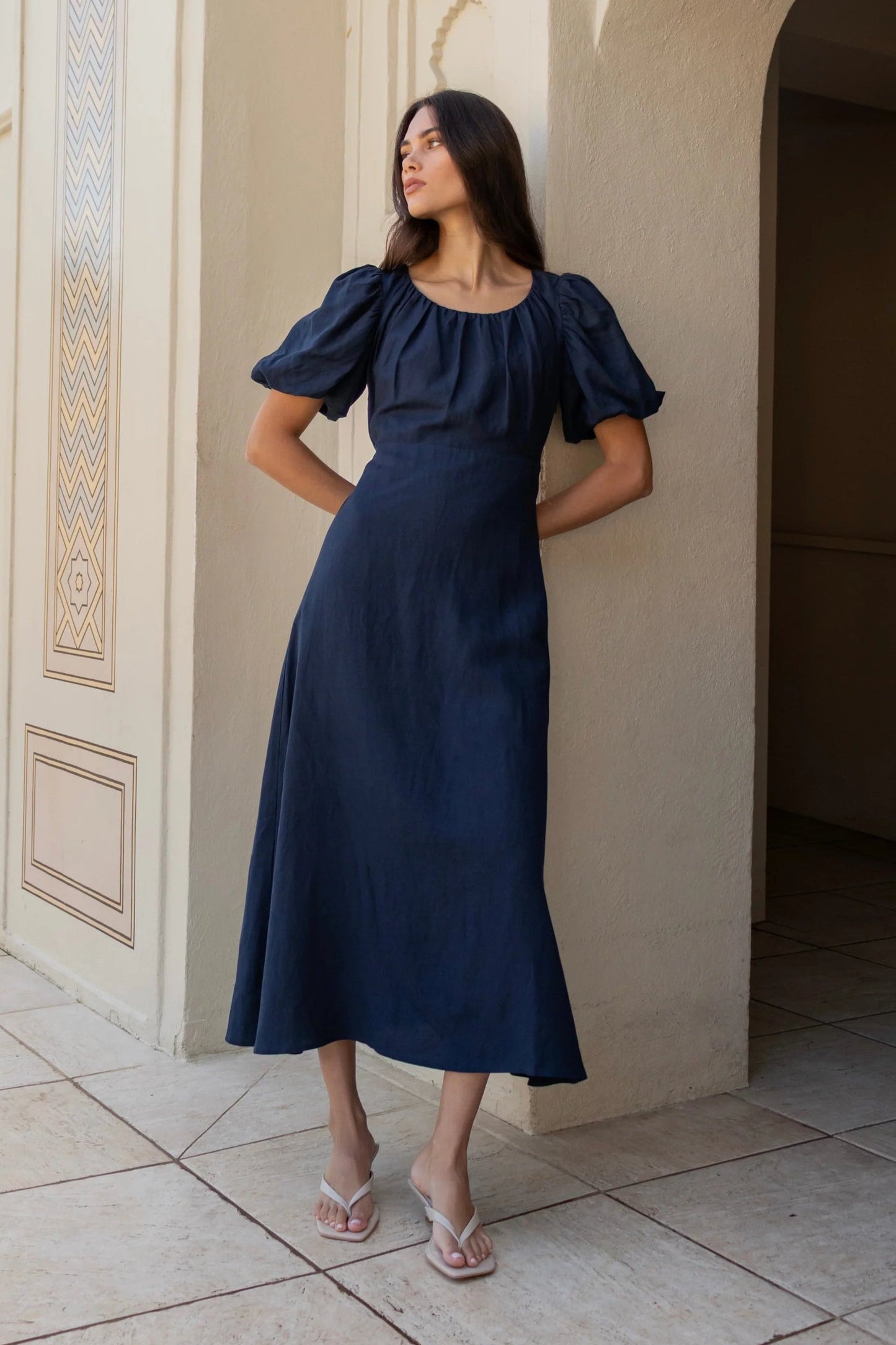 STORIES BE TOLD CHORUS NAVY PUFF SLEEVE SCOOP NECK FLOATY MAXI DRESS - THE VOGUE STORE