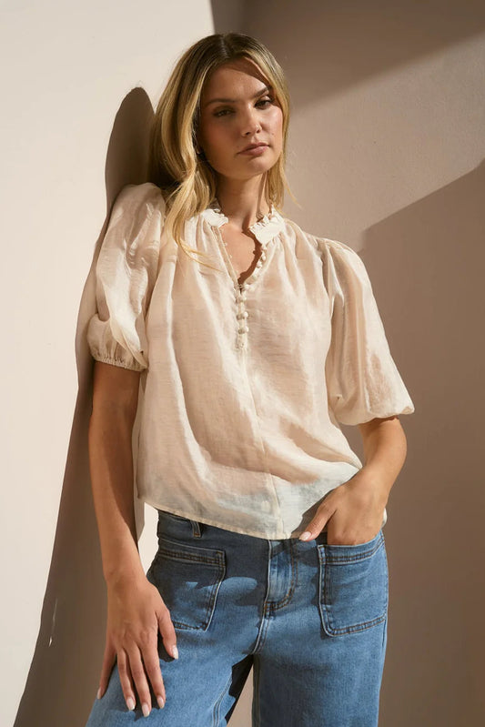 IVY + JACK CLOSURE IVORY SHEER HIGH NECK BUTTONED SS TOP - THE VOGUE STORE