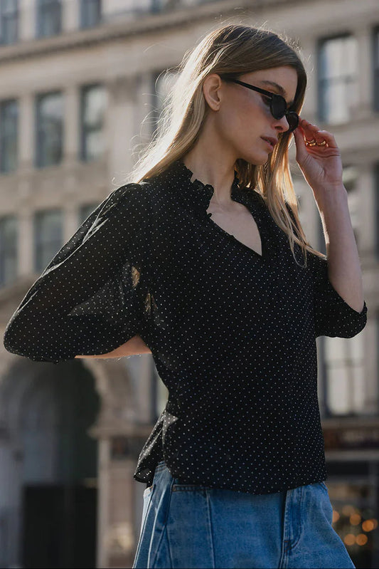 IVY + JACK CLOSURE BLACK MINI POLKA DOT HIGH NECK BUTTONED SS TOP - THE VOGUE STORE