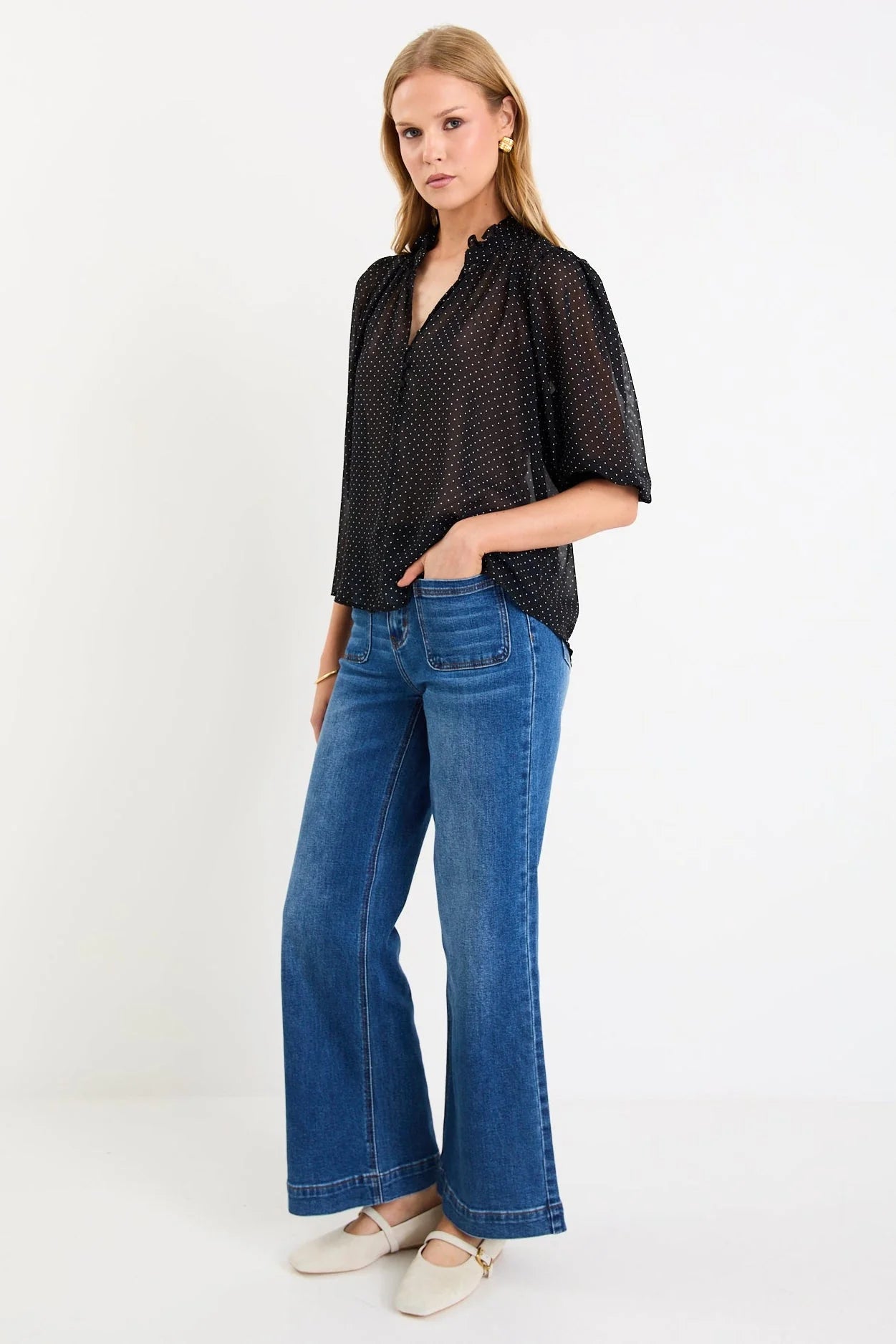 IVY + JACK CLOSURE BLACK MINI POLKA DOT HIGH NECK BUTTONED SS TOP - THE VOGUE STORE