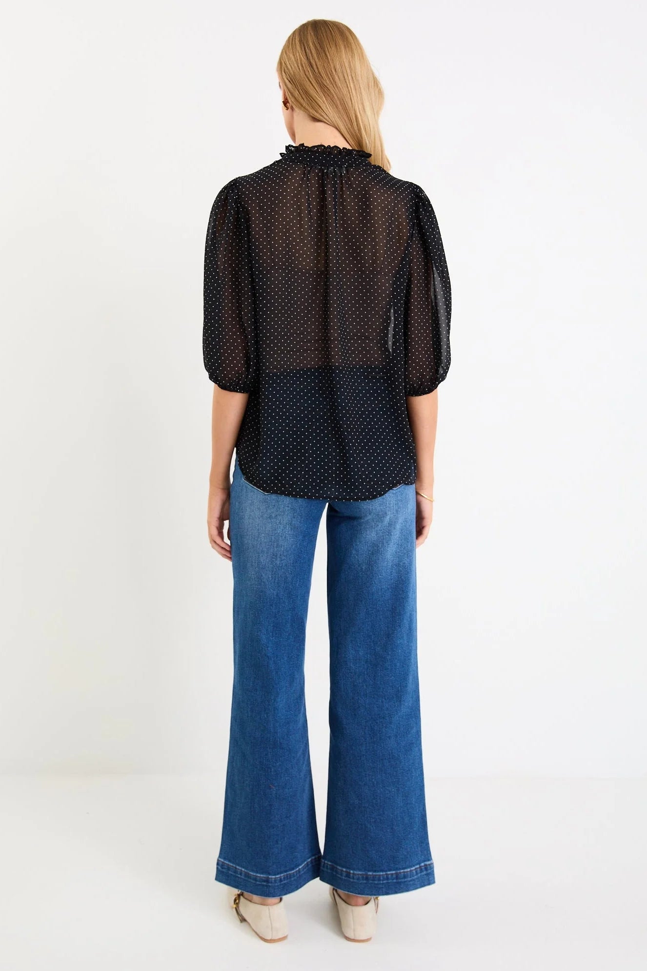 IVY + JACK CLOSURE BLACK MINI POLKA DOT HIGH NECK BUTTONED SS TOP - THE VOGUE STORE