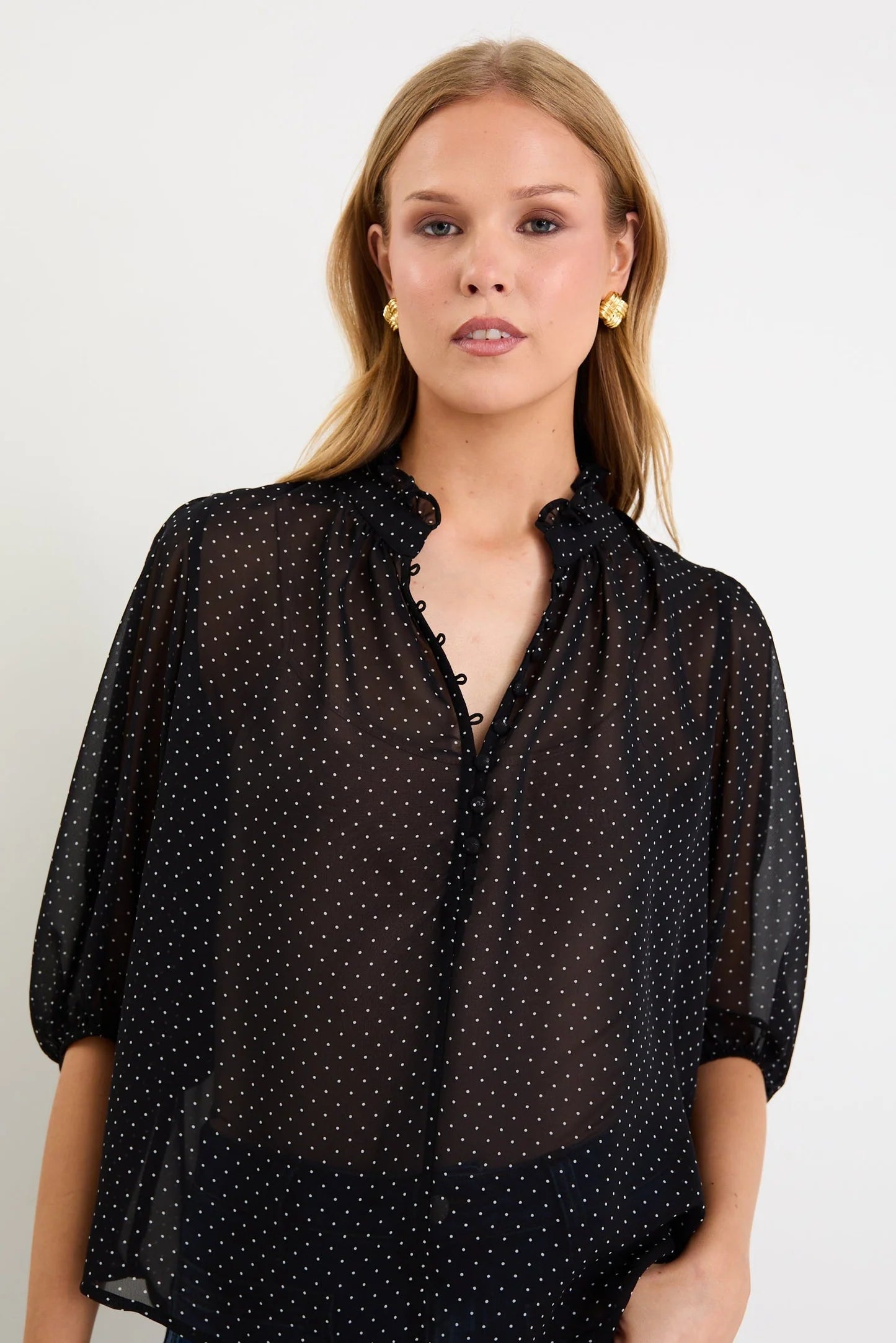 IVY + JACK CLOSURE BLACK MINI POLKA DOT HIGH NECK BUTTONED SS TOP - THE VOGUE STORE