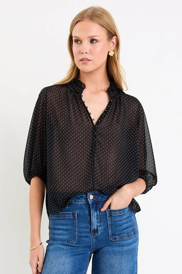 IVY + JACK CLOSURE BLACK MINI POLKA DOT HIGH NECK BUTTONED SS TOP - THE VOGUE STORE