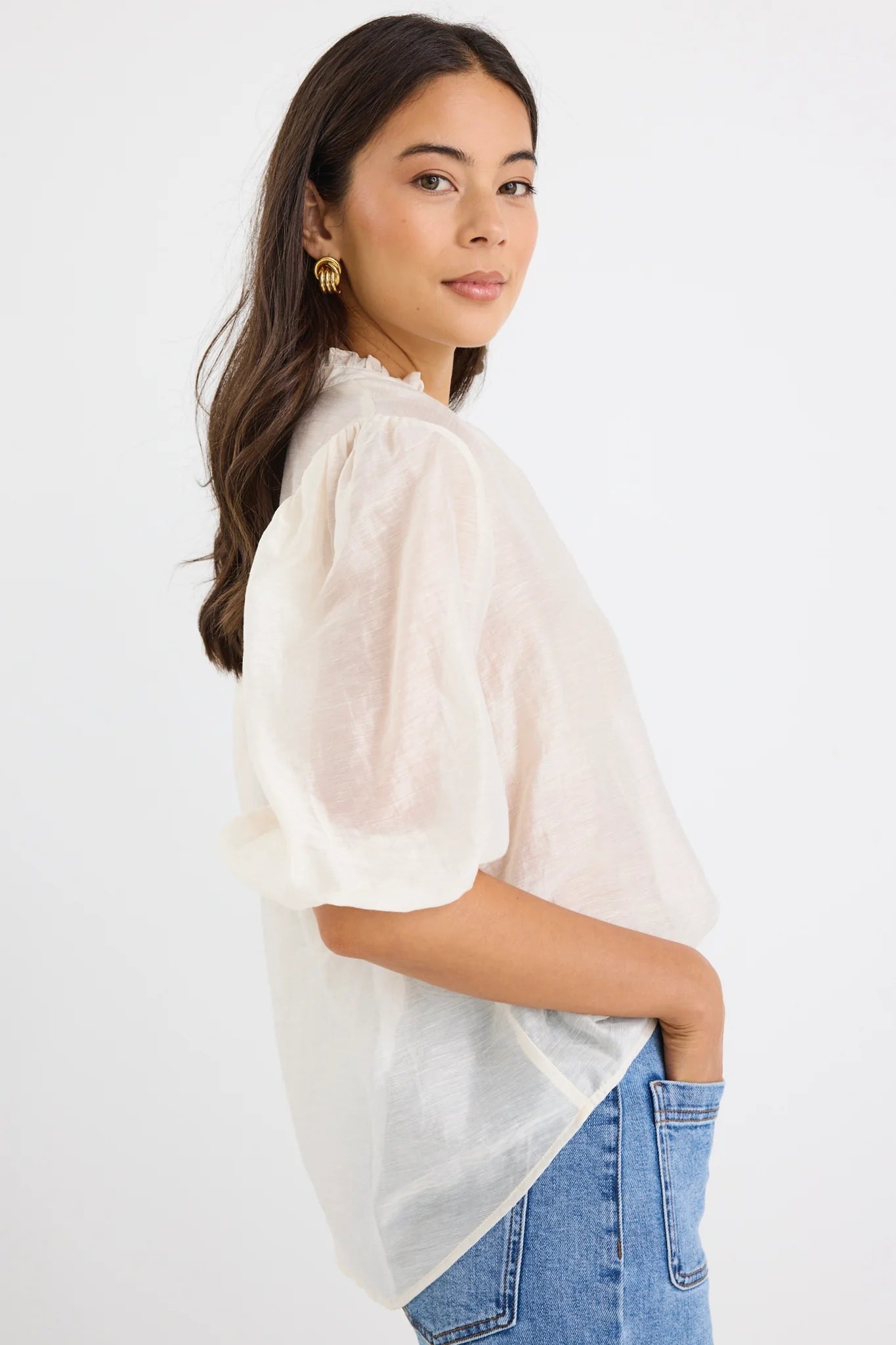 IVY + JACK CLOSURE IVORY SHEER HIGH NECK BUTTONED SS TOP - THE VOGUE STORE